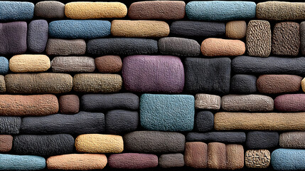 Colorful stacked stone wall on dark background, a decorative texture