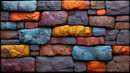 Colorful stacked stone wall pattern, a textured design surface for backgrounds