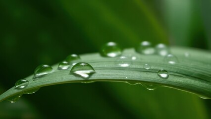 Crystal clear morning dew water droplets resting on a vibrant green leaf.
