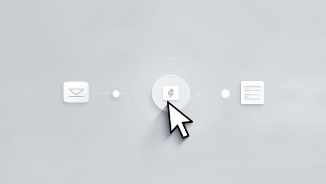 Cursor clicking on a circular button with icons on a gray background.