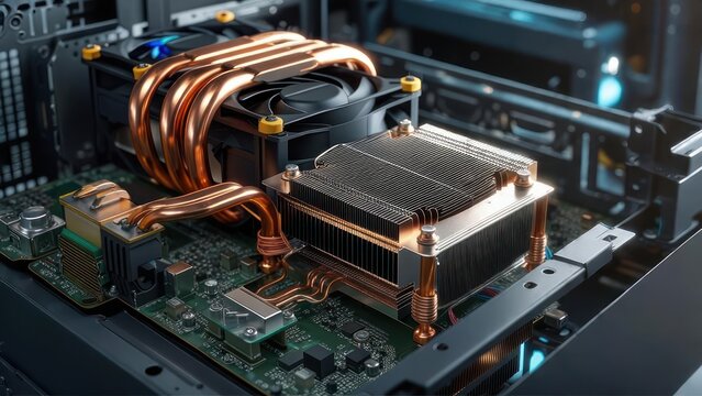 Close-up of a high-performance CPU cooler with copper heat pipes and fins on a computer motherboard.