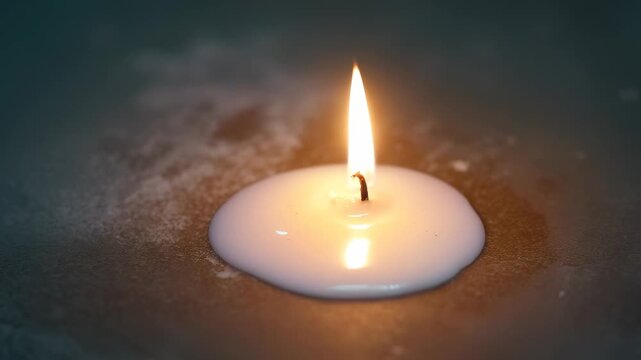 Solitary candle emitting gentle radiance against shadowy backdrop. Minimalist composition highlights delicate flame's ethereal quality with precise studio lighting and refined macro technique.