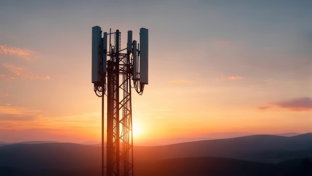 Cell Tower Silhouette Against a Vibrant Sunset Sky.