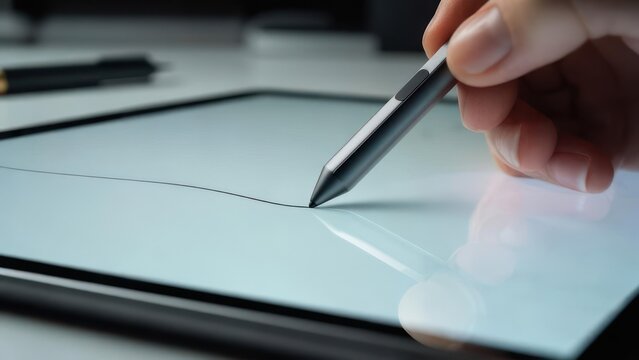 Close up of a hand using a stylus on a digital tablet screen.