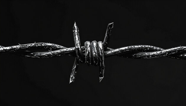 Single strand of barbed wire against black background, twisted metal, moody atmosphere.