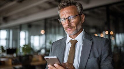 mature business man in formal clothing wearing spectacles using mobile phone serious businessman using smartphone and digital tablet at work manager in suit using cellphone in a modern office no logo