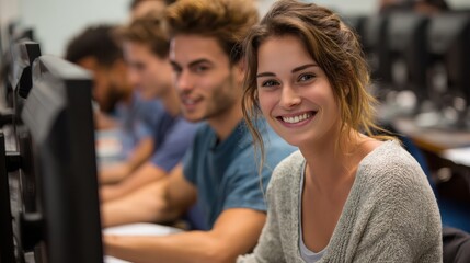 smart students in computer class smiling at the camera while working on desktop computers no logos no brands ar 169