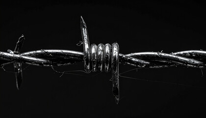 Single strand of barbed wire against black background, twisted metal, moody atmosphere.