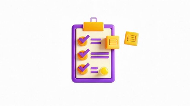 A colorful checklist clipboard with various icons, featuring check marks and data cards in a modern design.