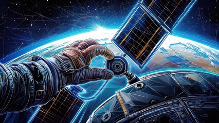 Astronauts Point of View Repairing a Satellite in Orbit.