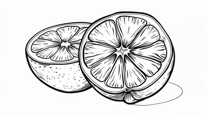 Artistic depiction of sliced citrus fruit, detailed sketch, black and white.