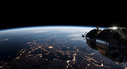 Asteroid belt fragments orbiting earth's atmosphere at night showing city lights