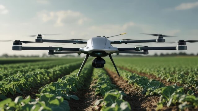 Agricultural drone flying over a green field for crop monitoring.