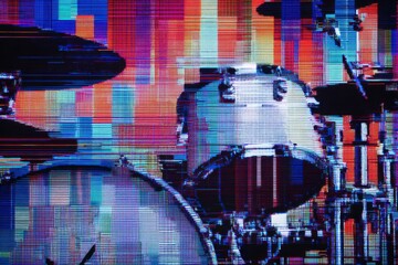 Drum set silhouette appears on a vibrant abstract background with digital screen glitch effects and bright colors.