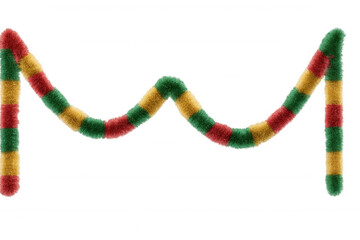 Colorful fuzzy christmas tinsel garland hanging, creating festive decoration for holiday parties and celebrations