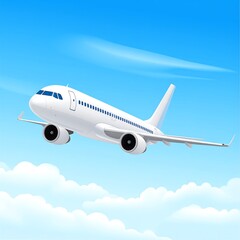 Obraz premium White jet plane soars above fluffy clouds in a clear blue sky