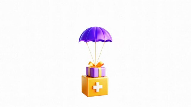 A gift box with a purple parachute above it, symbolizing delivery and surprise.