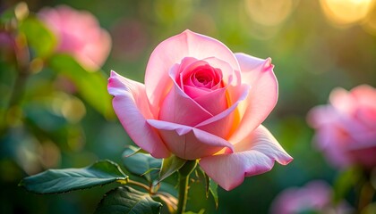 A single, radiant pink rose in sunlight
