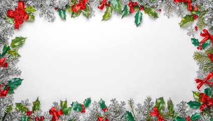 festive Christmas poster, adorned with holiday decorations around the edges, leaving the center blank for content. Merry Christmas and Happy Holidays greeting card, frame, banner