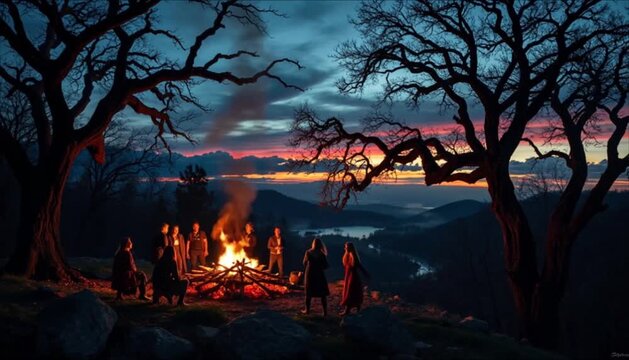 People gathered around a bonfire during spring equinox at dusk  