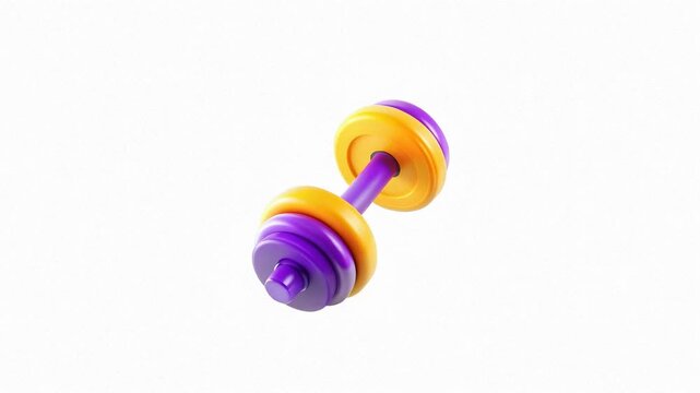 A colorful dumbbell with purple and yellow weights against a white background.