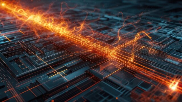 Abstract glowing orange light beam on dark circuit board background, representing data transfer and digital technology.
