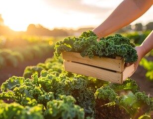 Hands holding a wooden crate filled with kale in a sun-drenched field