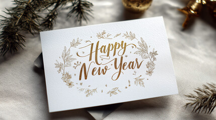 A beautifully designed New Year’s greeting card featuring gold and silver elements, elegant typography, and festive graphics. The card is placed on a stylish table, ready to spread joy