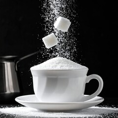 Sugar cubes levitating in a teacup, with powdered sugar raining down
