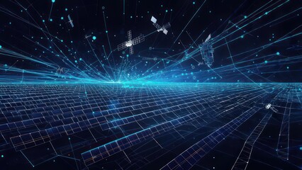 Abstract Digital Network Grid with Glowing Blue Light Rays and Globe.