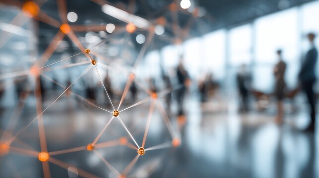 abstract network on table with blurred figures in background in a modern office setting