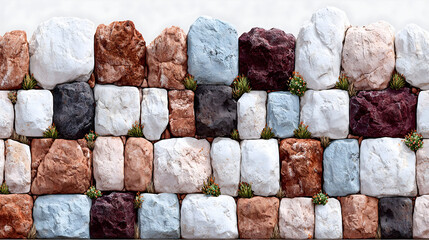Colorful stone wall with plants, isolated for background texture