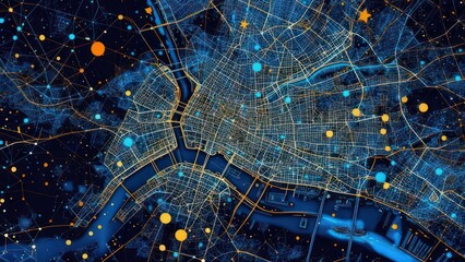Abstract digital map of a city with glowing connections and data points.