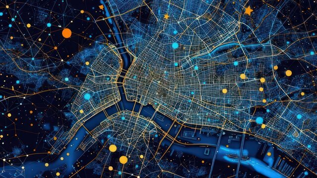 Abstract digital map of a city with glowing connections and data points.