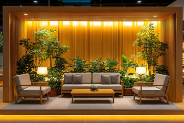 Modern living room interior design with wooden furniture and plants