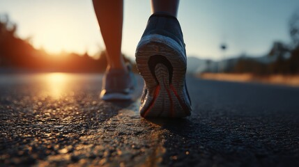 runner feet running on road closeup on shoe sportsman fitness sunrise jog workout welness concept no logos no brands ar 169