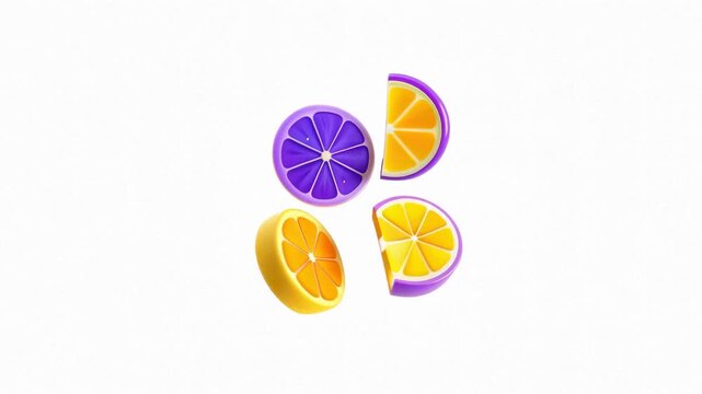 Colorful slices of fruit featuring purple and yellow segments arranged artistically against a white background.