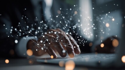 double exposure of businessman working with new modern computer show social network structure and bokeh exposure no logos no brands ar 169