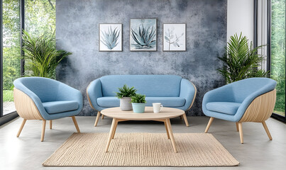 Modern light blue sofa set in living room interior
