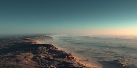 Fototapeta premium Vast aerial desert landscape with soft horizon for travel advertising. 