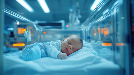 A small newborn baby lies in a cuvette in a maternity hospital, World Prematurity Day, an incubator for premature babies, an intensive care unit in a hospital, November 17