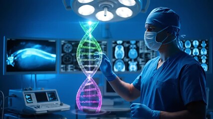 Surgeon in scrubs touching dna hologram in operating room with medical monitors and equipment - Powered by Adobe