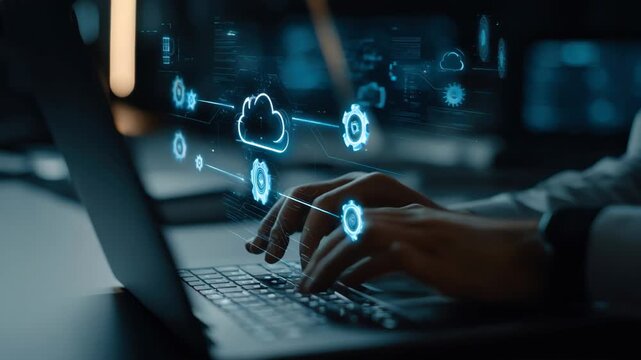 Professional working on a laptop displaying cloud management software symbolizing scalable hybrid cloud systems designed for dynamic workload adjustments.