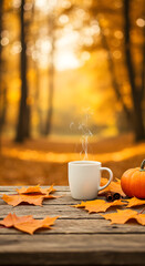 Cup of coffee and tea on autumn leaves