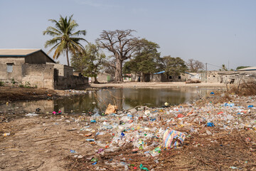 Plastic pollution covering the ground near a stagnant water