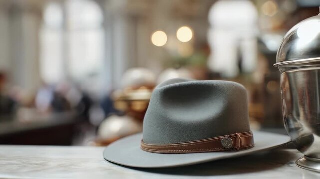 Medium shot showcasing a sleek fedora customized via AI fit technology focusing on hat details and blurred caf&eacute; interior in the background