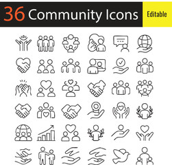 Community Icons 36 items – People, Social Group, Connection, and Unity Symbols in Vector Style