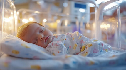 A small newborn baby lies in a cuvette in a maternity hospital, World Prematurity Day, an incubator for premature babies, an intensive care unit in a hospital, November 17