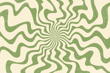 Groovy retro background with pattern of spiral psychedelic green wavy rays. 70s abstract swirl vector sunburst design. Vintage funky radial hippie poster. Striped playful circular bg