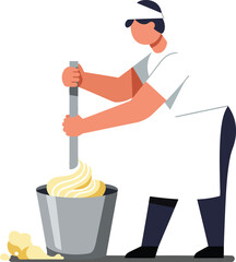 Chef stirring dough in kitchen preparing food with traditional tools vector illustration 